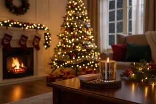 Cozy living room with Christmas tree, fireplace, and a decorative christmas candle.