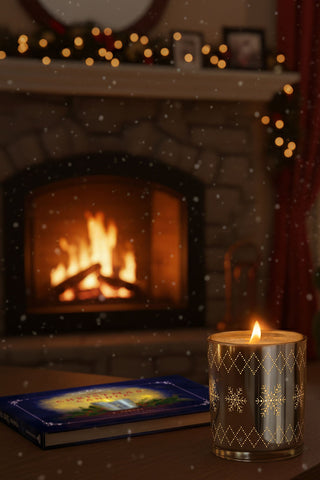 Cozy living room with fireplace, Christmas tree, a book and a candle