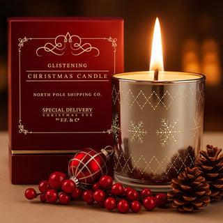 The Christmas candle with a matching box, surrounded by festive decorations on a warm background
