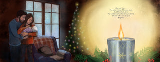 Illustration of a couple with a child in a cozy room with a Christmas tree and candle.